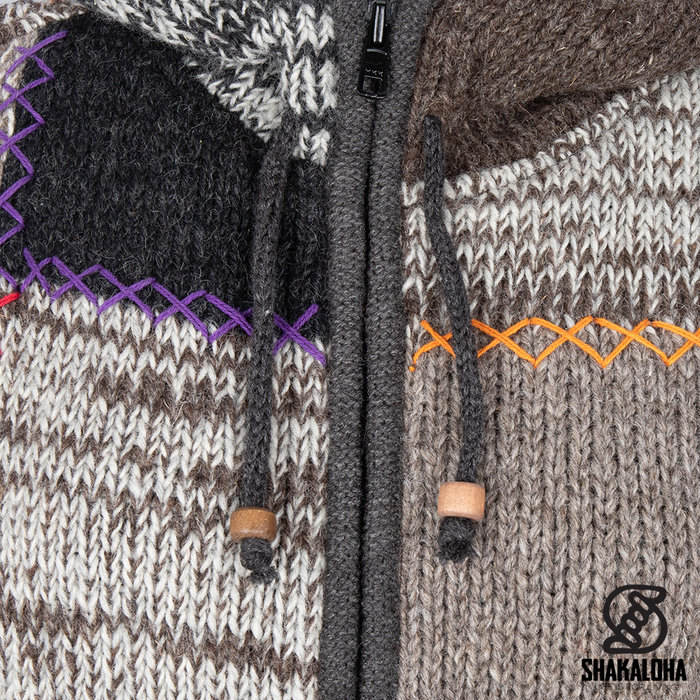 Shakaloha Shakaloha wollen jas - Longpatch vest Natuurlijke kleuren met fleece voering en capuchon - Dames - Handgemaakt in Nepal van schapenwol