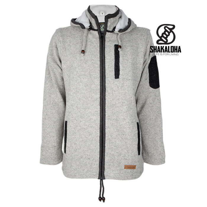 Shakaloha Cardigan en laine tricoté Shakaloha Luxor ZH avec doublure polaire et capuche amovible - Homme / Uni - Fait à la main au Népal à partir de laine de mouton