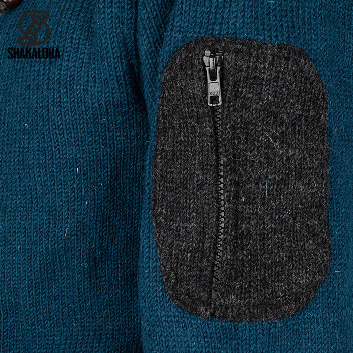 Shakaloha Cardigan en laine tricoté Shakaloha Luxor ZH avec doublure polaire et capuche amovible - Homme / Uni - Fait à la main au Népal à partir de laine de mouton
