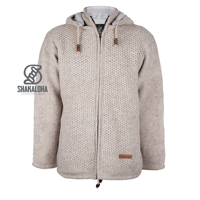 Shakaloha Shakaloha Strick-Wollweste Maverick ZH Beige Creme mit Fleecefutter und abnehmbarer Kapuze – Herren/Uni – Handgefertigt in Nepal aus Schafwolle