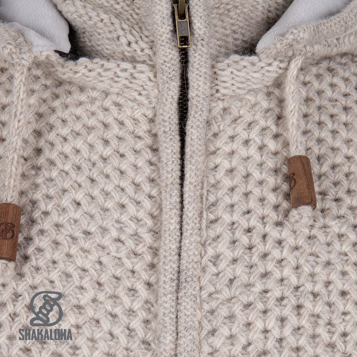Shakaloha Shakaloha Veste en Laine Tricoté Maverick ZH Crème beige avec Doublure en polaire et Capuche détachable - Hommes - Uni - Fabriqué à la main au Népal en laine de mouton
