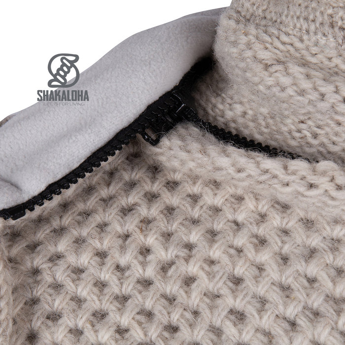 Shakaloha Shakaloha Strick-Wollweste Maverick ZH Beige Creme mit Fleecefutter und abnehmbarer Kapuze – Herren/Uni – Handgefertigt in Nepal aus Schafwolle