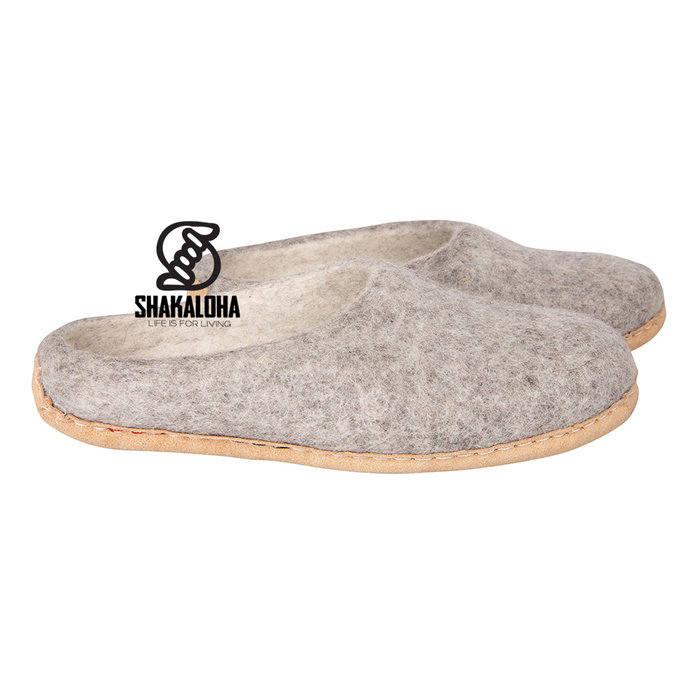 Woolloows Shuffle Grey Wollen Pantoffels met suede zool