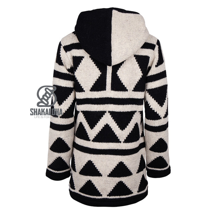 Shakaloha Damen Pendle ZipHood Schwarz-Weiße Wollstrickjacke