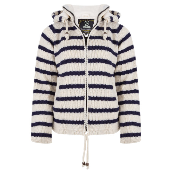 Shakaloha Cardigan en laine tricoté Shakaloha Breton Ziphood blanc bleu marine avec doublure en polaire et capuche amovible - Femme - Fabriqué à la main au Népal à partir de laine de mouton - Copie
