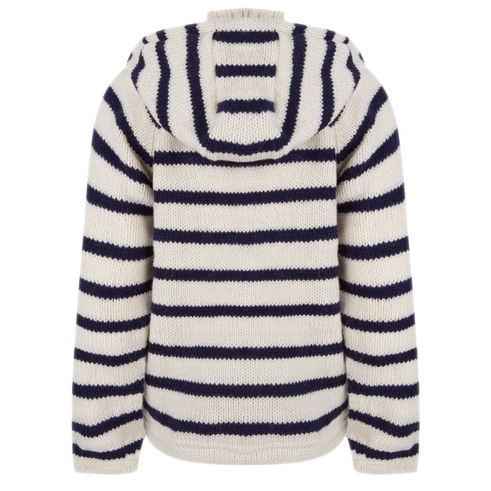 Shakaloha Cardigan en laine tricoté Shakaloha Breton Ziphood blanc bleu marine avec doublure en polaire et capuche amovible - Femme - Fabriqué à la main au Népal à partir de laine de mouton - Copie