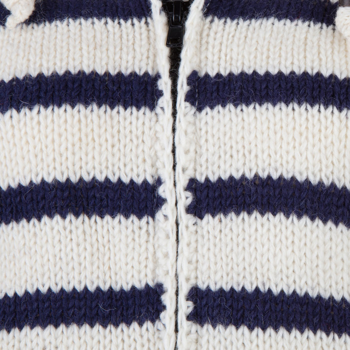 Shakaloha Cardigan en laine tricoté Shakaloha Breton Ziphood blanc bleu marine avec doublure en polaire et capuche amovible - Femme - Fabriqué à la main au Népal à partir de laine de mouton - Copie