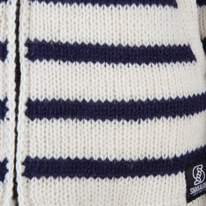 Shakaloha Shakaloha Strickwolle Strickjacke Breton Ziphood White Navy Blue mit Fleecefutter und abnehmbarer Kapuze - Damen - Handgefertigt in Nepal aus Schafwolle - Copy