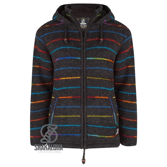 Shakaloha Shakaloha Knitted Wool Cardigan Specter Anthracite Multicolor with Fleece Lining and Hood with Inner Collar - Women - Handmade in Nepal from Sheep Wool
