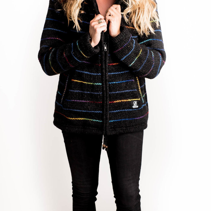 Shakaloha Shakaloha Knitted Wool Cardigan Specter Anthracite Multicolor with Fleece Lining and Hood with Inner Collar - Women - Handmade in Nepal from Sheep Wool