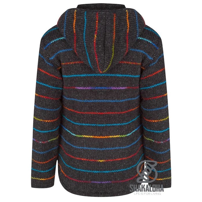 Shakaloha Shakaloha Knitted Wool Cardigan Specter Anthracite Multicolor with Fleece Lining and Hood with Inner Collar - Women - Handmade in Nepal from Sheep Wool