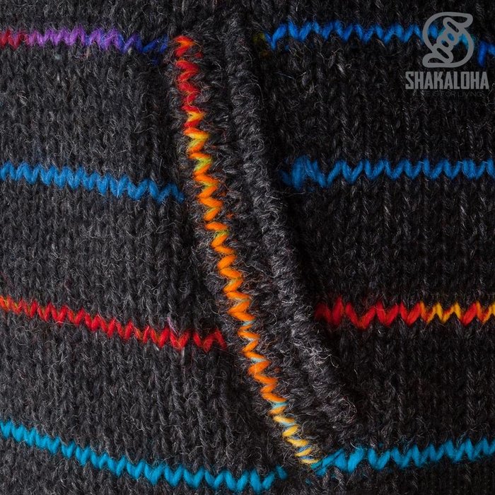 Shakaloha Cardigan en laine tricoté Shakaloha Spectre Anthracite multicolore avec doublure en polaire et capuche avec col intérieur - Femme - Fabriqué à la main au Népal à partir de laine de mouton