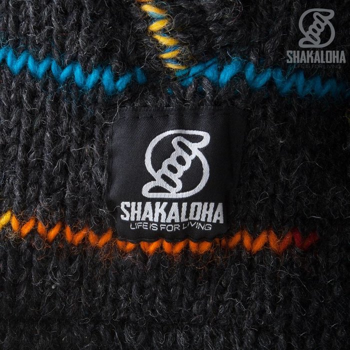 Shakaloha Cardigan en laine tricoté Shakaloha Spectre Anthracite multicolore avec doublure en polaire et capuche avec col intérieur - Femme - Fabriqué à la main au Népal à partir de laine de mouton
