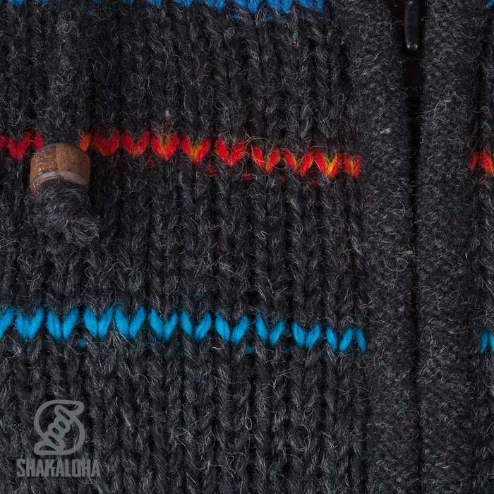 Shakaloha Gilet in lana lavorato a maglia Shakaloha Spectre Antracite Multicolor con fodera in pile e cappuccio con colletto interno - Donna - Fatto a mano in Nepal con lana di pecora