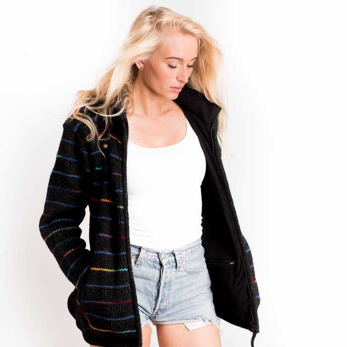 Shakaloha Cardigan en laine tricoté Shakaloha Spectre Anthracite multicolore avec doublure en polaire et capuche avec col intérieur - Femme - Fabriqué à la main au Népal à partir de laine de mouton