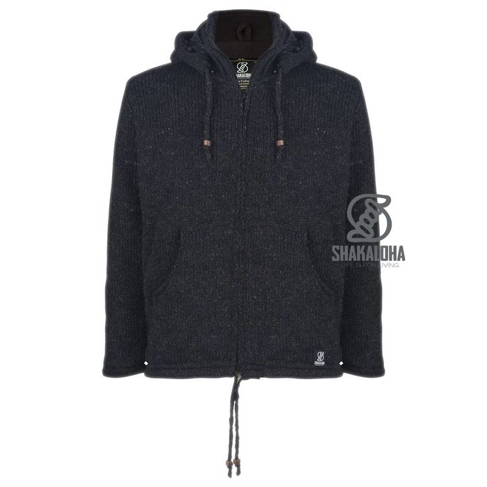 Shakaloha Shakaloha Woll-Strickjacke Breaker Anthrazit mit Nylon-Windstopper und abnehmbarer Kapuze - Herren/Uni - Handgefertigt in Nepal aus SchafwolleWarme Woll-Strickjacke mit Windstopper-Futter. Diese Kombination macht die Weste einzigartig. Die Jacke hat einen