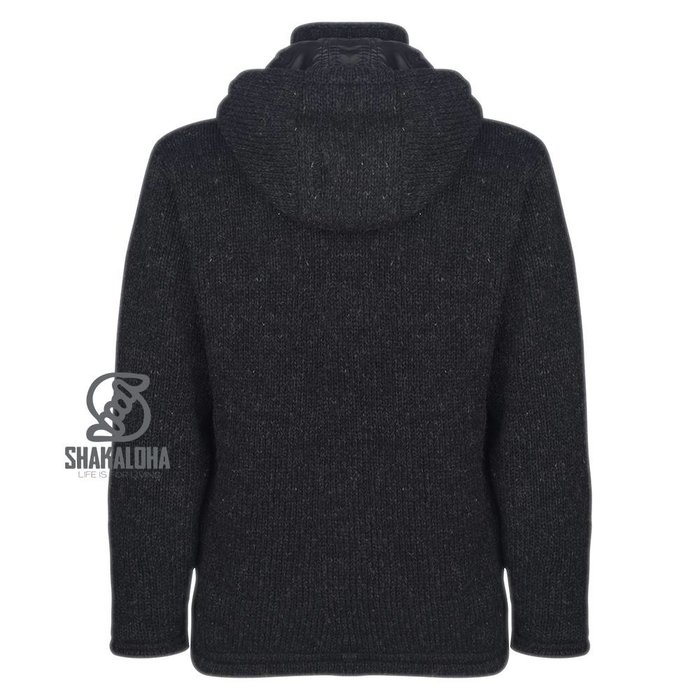 Shakaloha Shakaloha Knitted Wool Cardigan Breaker Anthracite with Nylon Windstopper and Detachable Hood - Man/Uni - Handmade in Nepal from Sheep's WoolWarm wool cardigan with windstopper lining. This combination makes the vest unique. The jacket has a collar and a