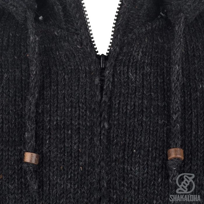 Shakaloha Shakaloha Knitted Wool Cardigan Breaker Anthracite with Nylon Windstopper and Detachable Hood - Man/Uni - Handmade in Nepal from Sheep's WoolWarm wool cardigan with windstopper lining. This combination makes the vest unique. The jacket has a collar and a