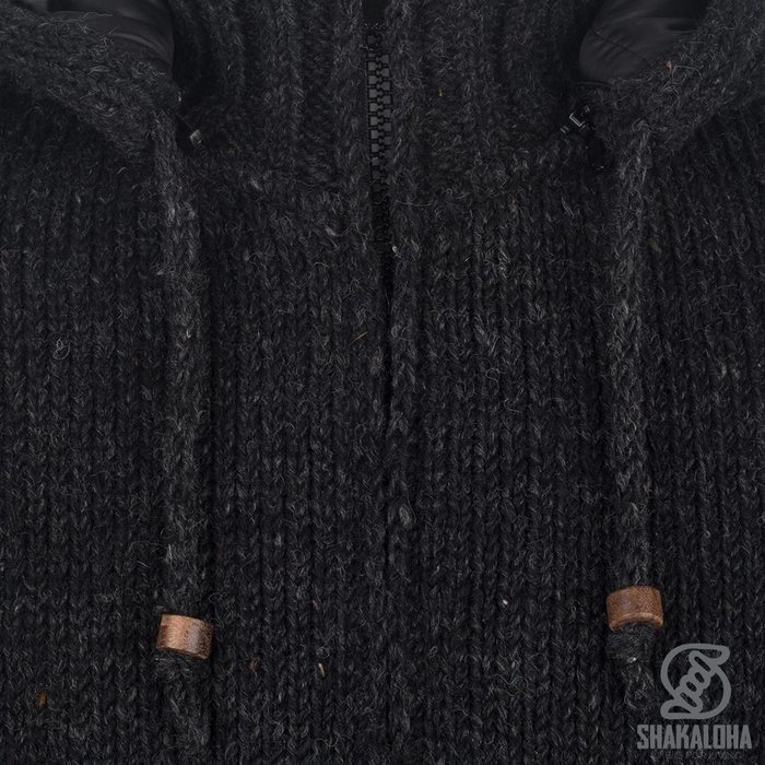 Shakaloha Shakaloha Knitted Wool Cardigan Breaker Anthracite with Nylon Windstopper and Detachable Hood - Man/Uni - Handmade in Nepal from Sheep's WoolWarm wool cardigan with windstopper lining. This combination makes the vest unique. The jacket has a collar and a
