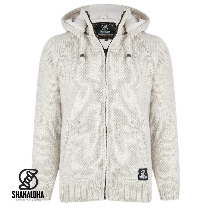 Shakaloha Gilet Shakaloha en laine tricotée, couleur beige crème, doublure polaire et capuche amovible - Femme - Fabriqué à la main au Népal à partir de laine de mouton