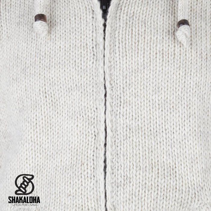 Shakaloha Gilet Shakaloha en laine tricotée, couleur beige crème, doublure polaire et capuche amovible - Femme - Fabriqué à la main au Népal à partir de laine de mouton