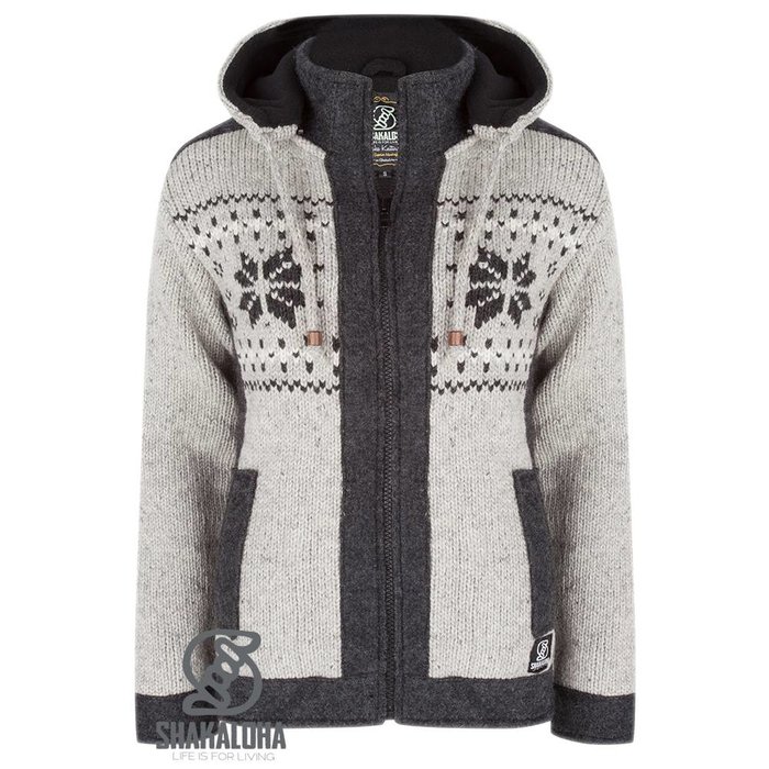 Shakaloha Shakaloha Knitted Wool Cardigan Jigsaw ZH Gray with Fleece Lining and Detachable Hood - Women - Handmade in Nepal from Sheep Wool