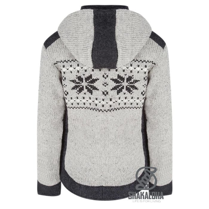 Shakaloha Cardigan en laine tricoté Shakaloha Jigsaw ZH gris avec doublure en polaire et capuche amovible - Femme - Fabriqué à la main au Népal à partir de laine de mouton