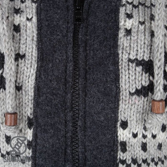 Shakaloha Shakaloha Knitted Wool Cardigan Jigsaw ZH Gray with Fleece Lining and Detachable Hood - Women - Handmade in Nepal from Sheep Wool