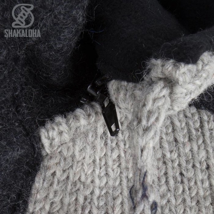 Shakaloha Shakaloha Knitted Wool Cardigan Jigsaw ZH Gray with Fleece Lining and Detachable Hood - Women - Handmade in Nepal from Sheep Wool