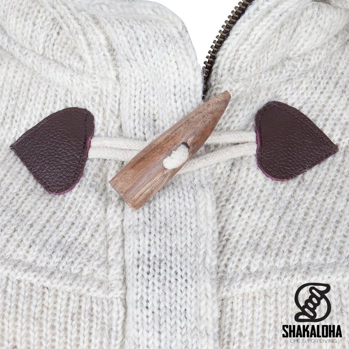 Shakaloha Shakaloha Knitted Wool Cardigan Cody Beige Cream with Fleece Lining and Detachable Hood - Women - Handmade in Nepal from Sheep Wool