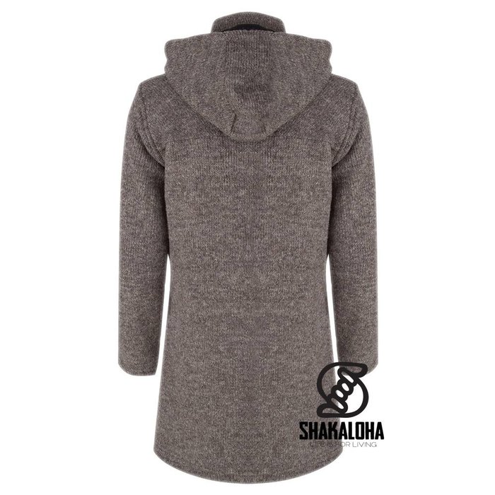 Shakaloha Cardigan en laine tricoté Shakaloha Cody taupe marron clair avec doublure en polaire et capuche amovible - Femme - Fabriqué à la main au Népal à partir de laine de mouton