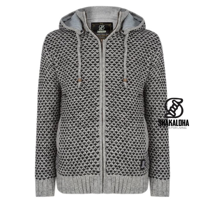 Shakaloha Cardigan en laine tricoté Shakaloha gris marlin avec doublure en polaire et capuche amovible - homme/uni - fait à la main au Népal à partir de laine de mouton