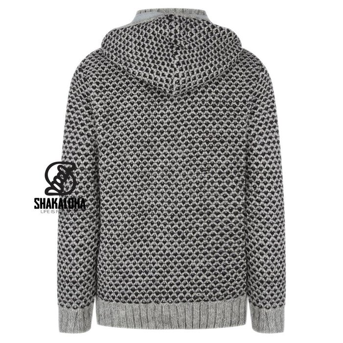 Shakaloha Shakaloha Knitted Wool Cardigan Marlin Gray with Fleece Lining and Detachable Hood - Man/Uni - Handmade in Nepal from Sheep Wool