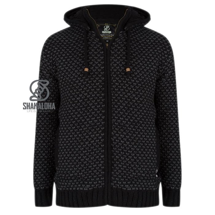 Shakaloha Shakaloha Gebreid Wollen Vest Marlin Zwart met Fleece Voering en Afneembare Capuchon - Man/Uni - Handgemaakt in Nepal van Schapenwol