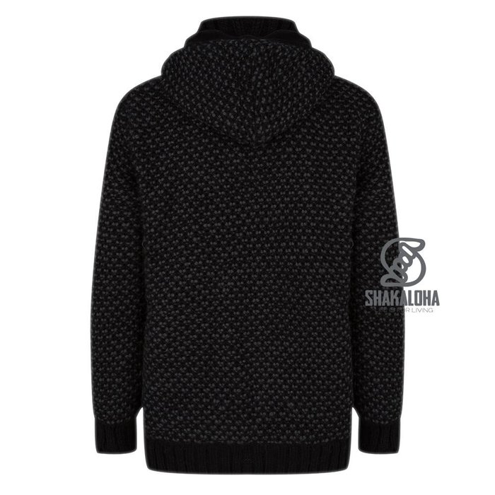 Shakaloha Shakaloha Gebreid Wollen Vest Marlin Zwart met Fleece Voering en Afneembare Capuchon - Man/Uni - Handgemaakt in Nepal van Schapenwol