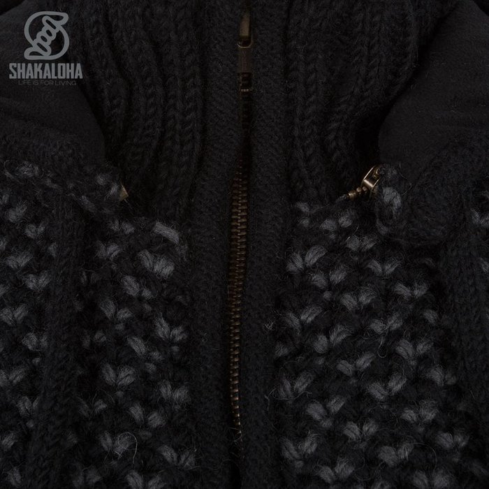 Shakaloha Cardigan en laine tricoté Shakaloha Marlin Black avec doublure en polaire et capuche amovible - Homme/Uni - Fabriqué à la main au Népal à partir de laine de mouton