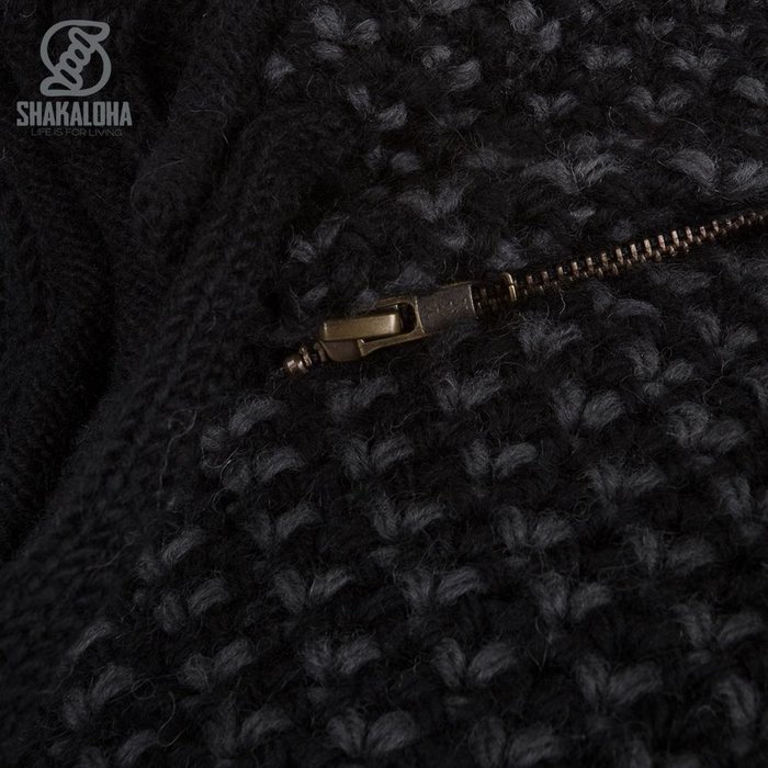 Shakaloha Cardigan en laine tricoté Shakaloha Marlin Black avec doublure en polaire et capuche amovible - Homme/Uni - Fabriqué à la main au Népal à partir de laine de mouton