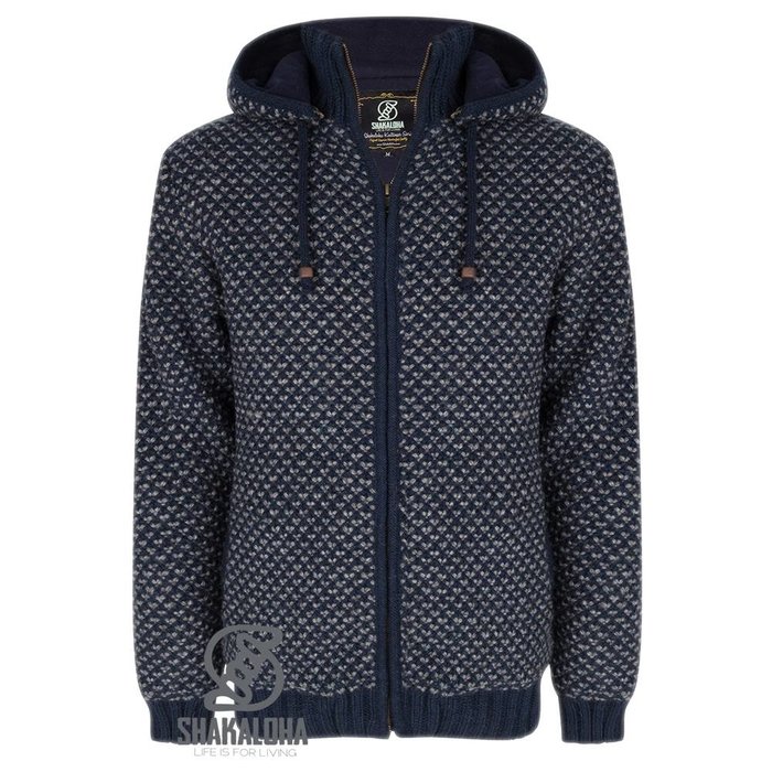 Shakaloha Cardigan en laine tricoté Shakaloha Marlin bleu marine avec doublure en polaire et capuche amovible - Homme/Uni - Fabriqué à la main au Népal à partir de laine de mouton