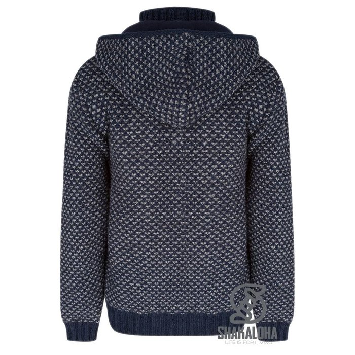 Shakaloha Cardigan en laine tricoté Shakaloha Marlin bleu marine avec doublure en polaire et capuche amovible - Homme/Uni - Fabriqué à la main au Népal à partir de laine de mouton