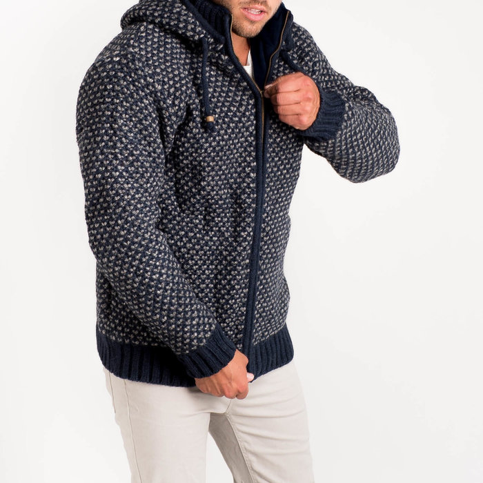 Shakaloha Cardigan en laine tricoté Shakaloha Marlin bleu marine avec doublure en polaire et capuche amovible - Homme/Uni - Fabriqué à la main au Népal à partir de laine de mouton