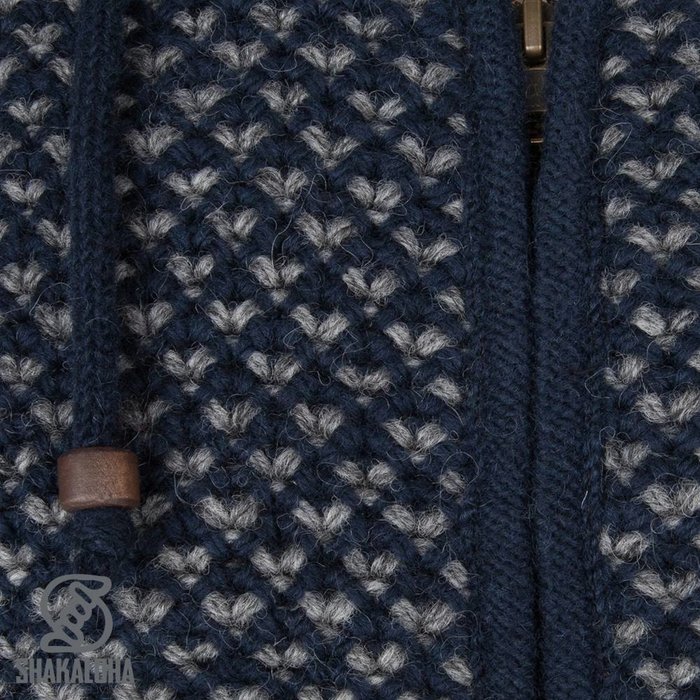 Shakaloha Cardigan en laine tricoté Shakaloha Marlin bleu marine avec doublure en polaire et capuche amovible - Homme/Uni - Fabriqué à la main au Népal à partir de laine de mouton