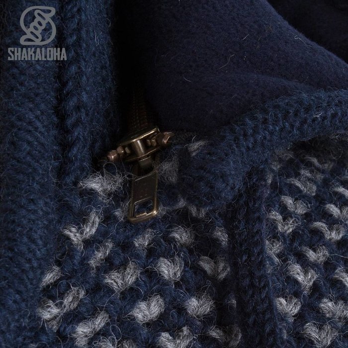 Shakaloha Shakaloha Strickwolle Strickjacke Marlin Marineblau mit Fleecefutter und abnehmbarer Kapuze - Herren/Uni - Handgefertigt in Nepal aus Schafwolle