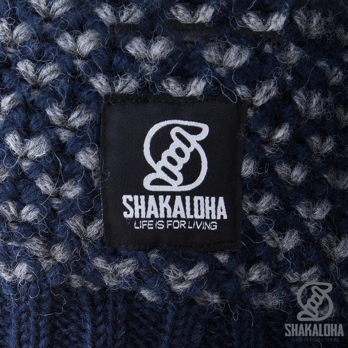 Shakaloha Cardigan en laine tricoté Shakaloha Marlin bleu marine avec doublure en polaire et capuche amovible - Homme/Uni - Fabriqué à la main au Népal à partir de laine de mouton