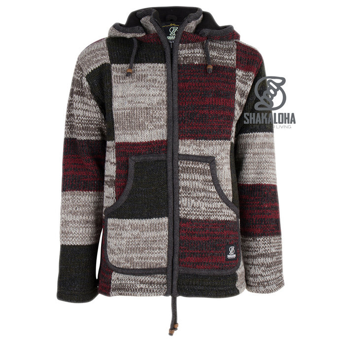 Shakaloha Shakaloha Gebreid Wollen Vest Patch ZH Wijnrood Grijs Groen met Fleece Voering en Afneembare Capuchon - Man/Uni - Handgemaakt in Nepal van Schapenwol