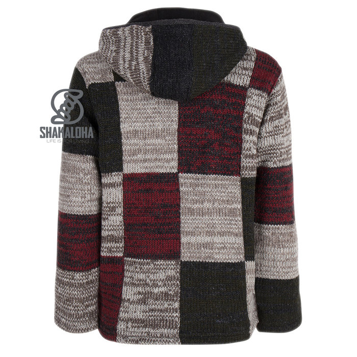 Shakaloha Cardigan en laine tricoté Shakaloha Patch ZH vin rouge gris vert avec doublure en polaire et capuche amovible - Homme/Uni - Fabriqué à la main au Népal à partir de laine de mouton