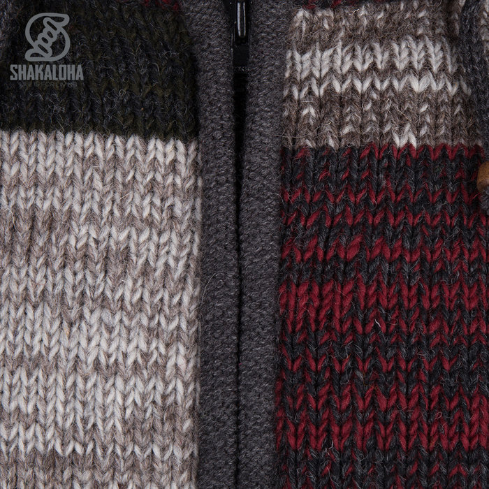 Shakaloha Cardigan en laine tricoté Shakaloha Patch ZH vin rouge gris vert avec doublure en polaire et capuche amovible - Homme/Uni - Fabriqué à la main au Népal à partir de laine de mouton