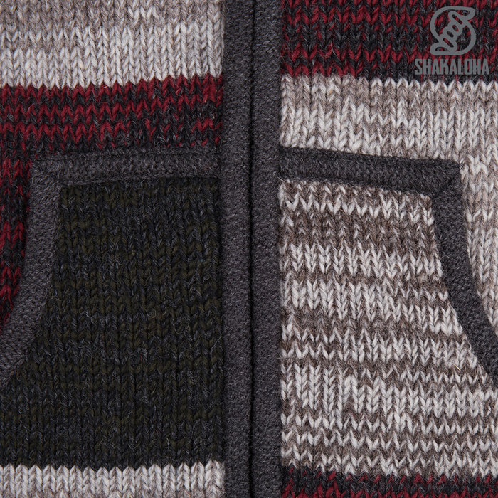 Shakaloha Cardigan en laine tricoté Shakaloha Patch ZH vin rouge gris vert avec doublure en polaire et capuche amovible - Homme/Uni - Fabriqué à la main au Népal à partir de laine de mouton