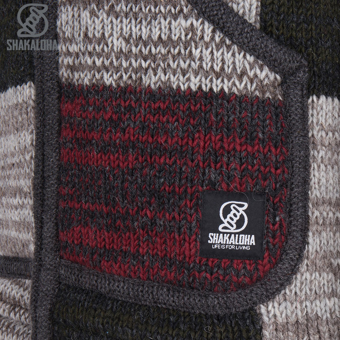 Shakaloha Cardigan en laine tricoté Shakaloha Patch ZH vin rouge gris vert avec doublure en polaire et capuche amovible - Homme/Uni - Fabriqué à la main au Népal à partir de laine de mouton