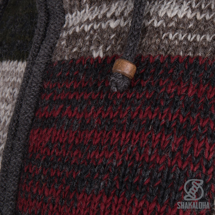 Shakaloha Shakaloha Gebreid Wollen Vest Patch ZH Wijnrood Grijs Groen met Fleece Voering en Afneembare Capuchon - Man/Uni - Handgemaakt in Nepal van Schapenwol