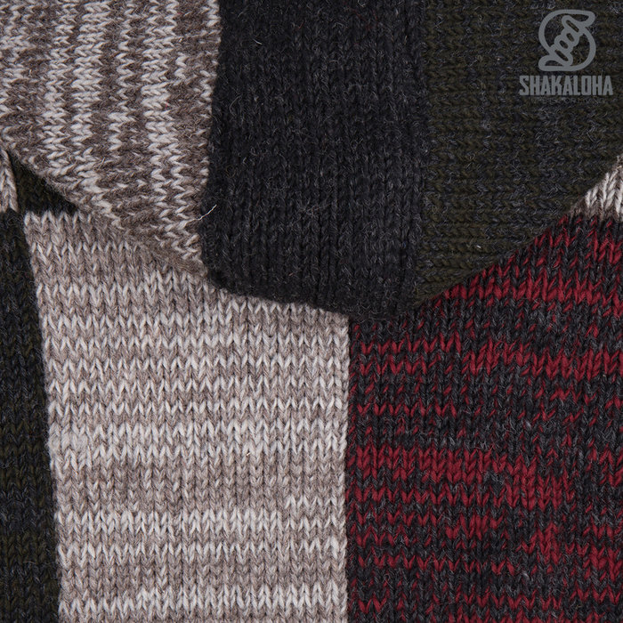 Shakaloha Cardigan en laine tricoté Shakaloha Patch ZH vin rouge gris vert avec doublure en polaire et capuche amovible - Homme/Uni - Fabriqué à la main au Népal à partir de laine de mouton